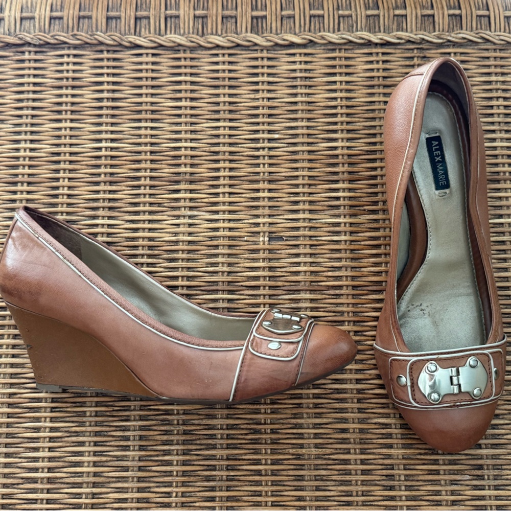Alex Marie Women's Tan Wedge Shoes with Buckle Detail